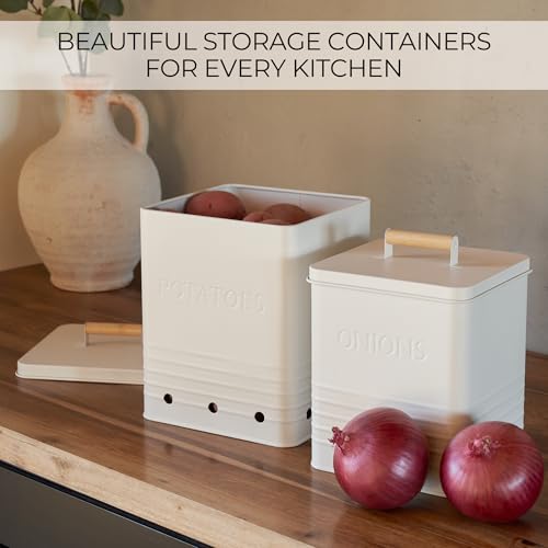 Cream Metal Potato and Onion Storage Container Set - Food Safe Kitchen Bins