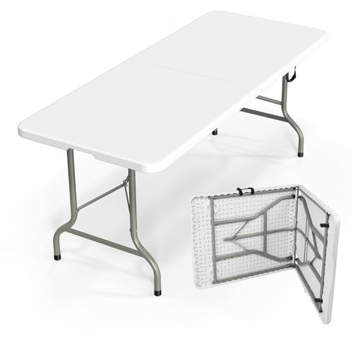 Bonnlo 6ft White Folding Table - Portable Collapsible Plastic Indoor Outdoor Use