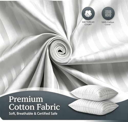 Queen Size Set of 2 Hotel White Striped Feather & Down Pillows Soft & Breathable