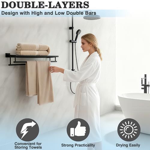 Double Towel Rack Wall Mount 24 Inch Matte Black Stainless Steel Bathroom Storage