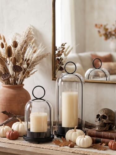 Black Metal Candle Holder with Glass Dome & Timer Candles - Set of 2