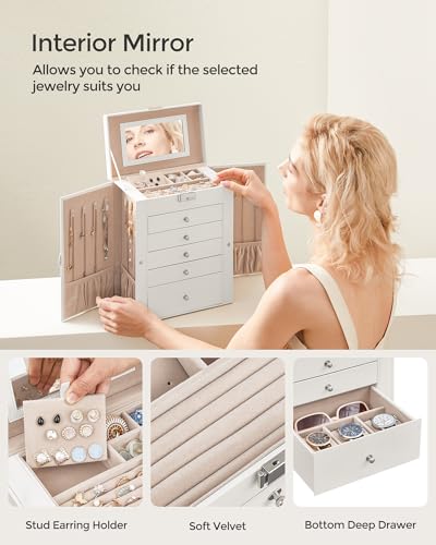 6 Tier Jewelry Box Organizer with Mirror & Lock - White
