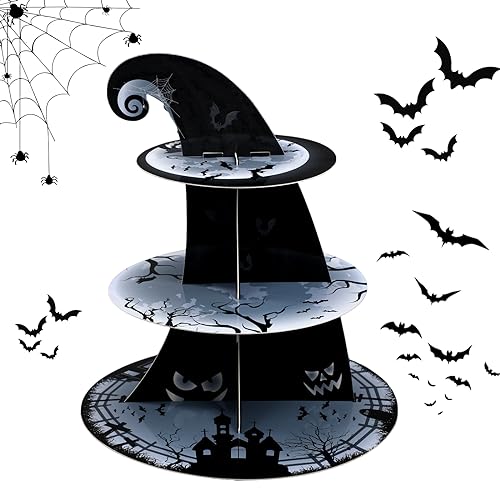 Zopeal 3-Tier Halloween Cupcake Stand (Classic) Cardboard Dessert Tower - Pumpkin, Bat & Witch Hat Theme
