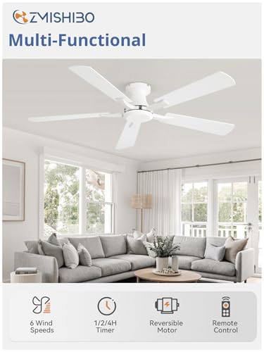 ZMISHIBO 52 Inch Ceiling Fan No Light, Flush Mount Low Profile, White