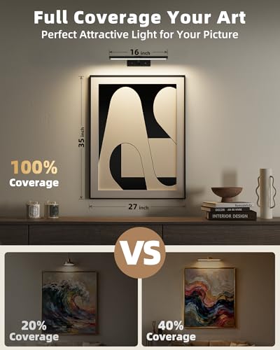 EZVALO 16-Inch Rechargeable Magnetic LED Picture Light with Remote, Dimmable Black Wall Art Lighting