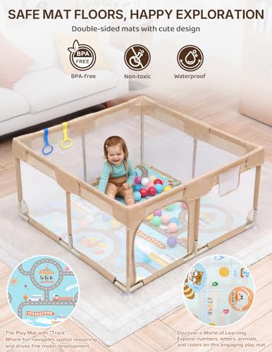 Dripex Baby Playpen with Non-Slip Mat, 47x47 Inches, Cream - Safe & Easy to Install