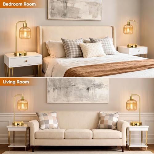 Dimmable Champagne Glass Table Lamps Set of 2 with USB Ports - Gold & Champagne Variation