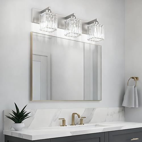 Aipsun Brushed Nickel 3-Light Crystal Vanity Light Fixture - 23 Inch Modern Bathroom Wall Sconce (Exclude Bulb)
