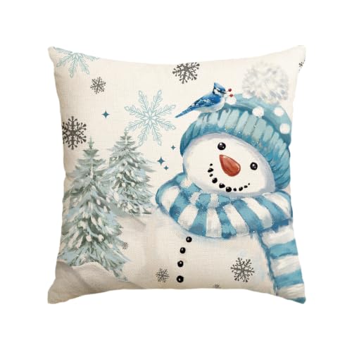 AVOIN Colorlife Blue 18x18 Winter Snowman Snowflake Throw Pillow Cover - Holiday Sofa Cushion Case