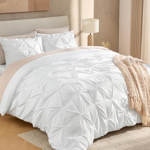 Andency Queen Size White Pinch Pleat Comforter Set 3-Piece Bedding, All-Season Microfiber