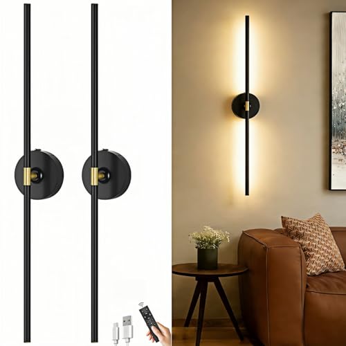 iThird Black Wireless Rechargeable Wall Sconce Set of 2 - 10,000mAh, 31.5 Inch, Dimmable & 360° Rotatable, Touch & Remote Control for Bedroom Living Room Hallway