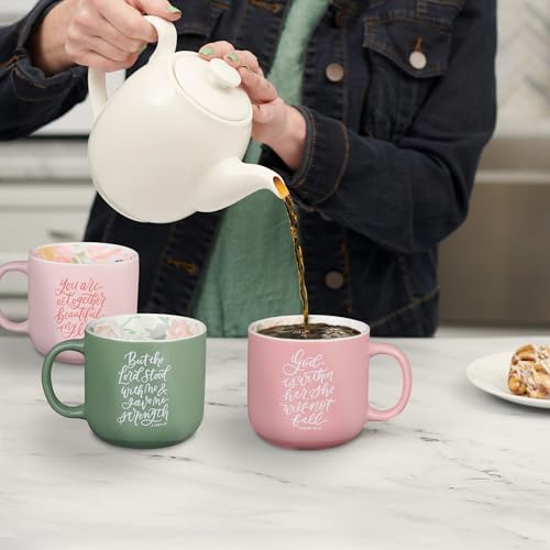 God is Within Her Pink Floral Psalm 46:5 Ceramic Mug Pack of 2 - 14 oz, Microwave & Dishwasher Safe, Encouraging Gift for Women