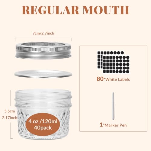 CycleMore 40 Pcs 4oz Crystal Mini Mason Jars, Silver Separable Lids