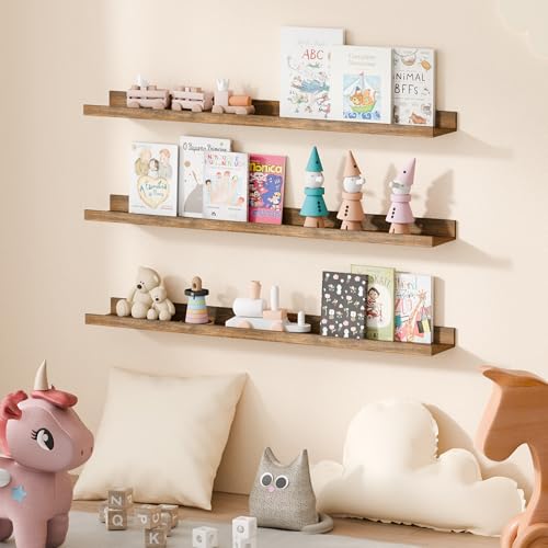 Floating Wall Shelves Set - Brown, 6 Pack, 35.5 Inch Length - Modern Wall Decor & Storage