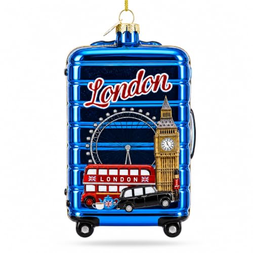 London Landmarks Suitcase Glass Christmas Ornament - Handcrafted Holiday Decor