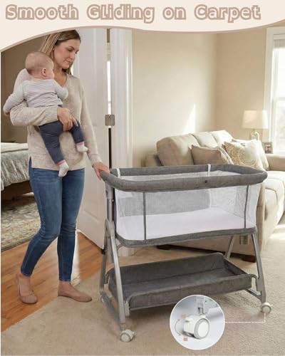 Grey 3-in-1 Bedside Bassinet for Baby with Mattress & Wheels - Adjustable Height