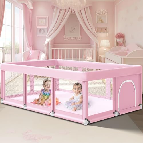 Large Baby Playpen 74x50 Inch Pink Baby Playard for Indoor & Outdoor Safety