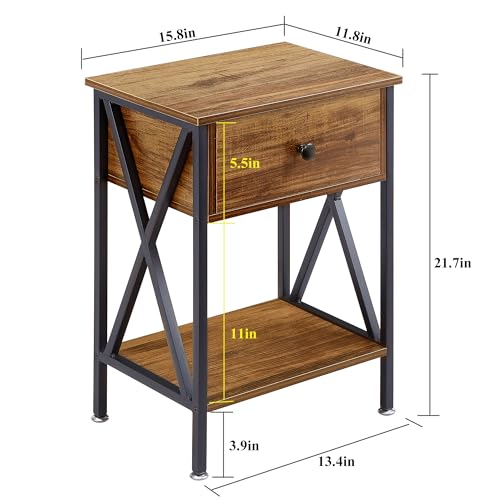 VECELO Vintage Brown Set of 2 Nightstands with Drawer & Storage Shelf - Industrial Bedside End Tables for Bedroom & Living Room