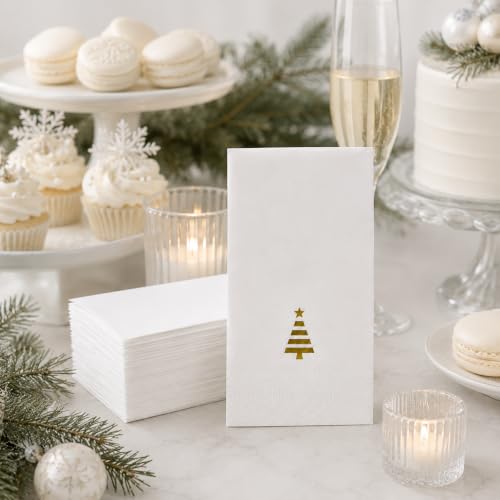 Tbsone Christmas Dinner Paper Napkins - 100 Pack, Holiday Guest Towels, 3-Ply, Festive Foil Tree Design