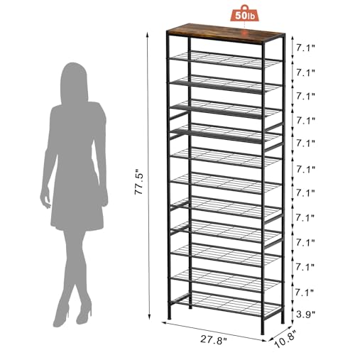 Rustic Brown 12-Tier Metal Shoe Rack with Wooden Top, 40-48 Pairs - UNITSTAGE
