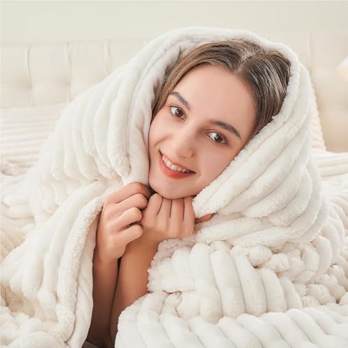 BEDELITE Queen Fleece Comforter Set Cream White - Luxury Fluffy Bed Bedding