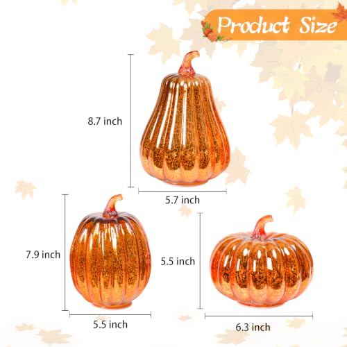 Mercury Glass Pumpkin Light Set - Orange Fall Halloween Decor, 3PCS