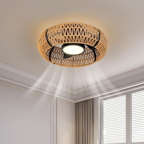 ocioc 20-inch Black Flush Mount Boho Rattan Ceiling Fan with Light Remote Control