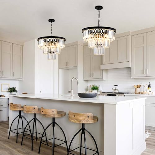 Black 20-Inch Modern Crystal Chandelier - 3-Tier Adjustable Pendant Light Fixture
