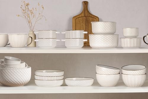 KooK Ceramic Nesting Bowls Set of 4 - Embossed Ivory Oven Safe Kitchenware