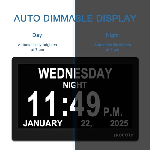 10 Inch Digital Calendar Alarm Clock for Seniors - Large Display, Auto DST, 5 Modes, Day Date Time