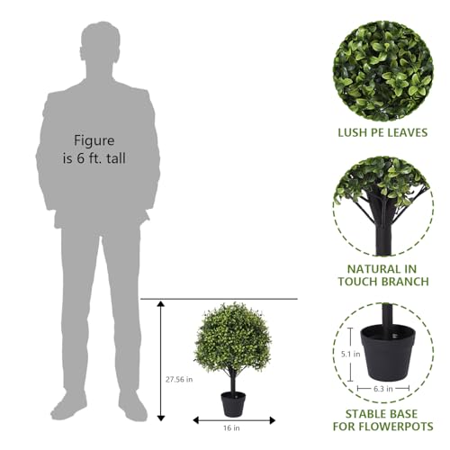 Artificial Boxwood Topiary Ball Trees Outdoor Faux Plants - Green, 27 Inches