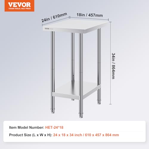 VEVOR Stainless Steel Prep Table 24 x 18 x 34 Inch Heavy Duty Workstation