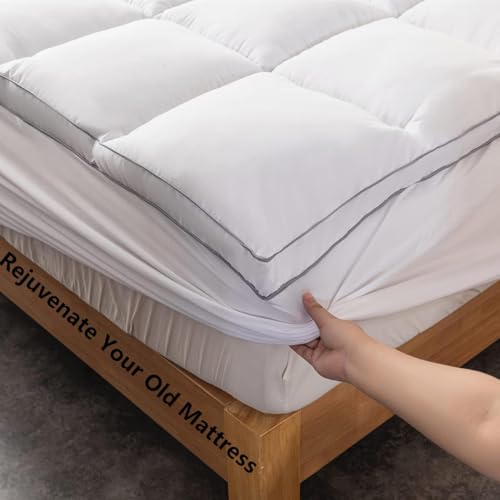 White King Size Mattress Pad - Extra Thick Pillow Top Cover with Deep Pocket & Breathable 7D Spiral Fiber Filling