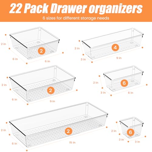 22 Pack Acrylic Drawer Organizer Bins Set - Non-Slip Storage Trays for Kitchen, Bathroom, Office & Cosmetics