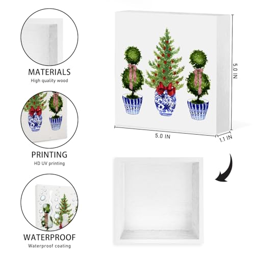 ATBWGT Chinoiserie Christmas Tree Wooden Box Sign - 5x5 Inch, Red Bow Holiday Desk Plaque