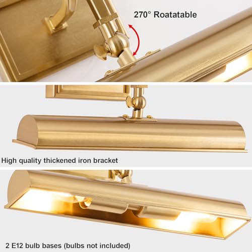 Gold Wall Picture Light - 12 Inch Hardwired Art Display Sconce, 270° Rotatable & Dimmable, E12 Base, for Painting & Artwork