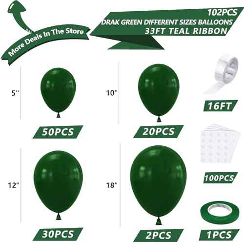 NISOCY Dark Green Latex Balloon Arch Kit, 102PCS 18In 12In 10In 5In Arch Garland for Festival Picnic Anniversary Birthday Green Theme Summer Jungle Forest Party Christmas Decoration with 33FT Ribbon