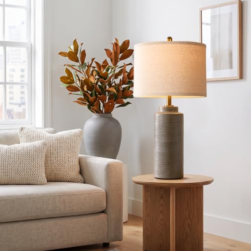 PARTPHONER 27-Inch Vintage Ceramic Table Lamp Set of 2 - Greyish Brown Farmhouse Nightstand Lamps with Ribbed Finish