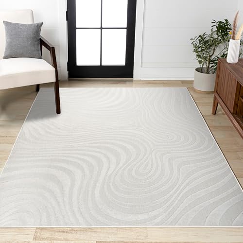 Cream/Ivory High-Low Abstract Striped Indoor Outdoor Area Rug 5'3"x7'7"