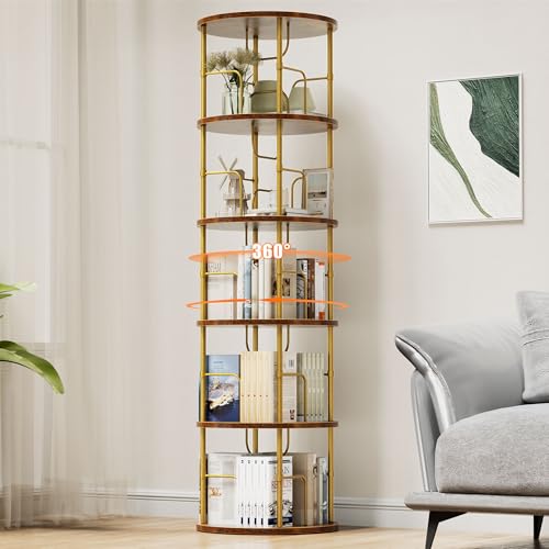 Flycity 5-Tier Rotating Corner Bookshelf - Gold, 360° Spinning Narrow Bookcase