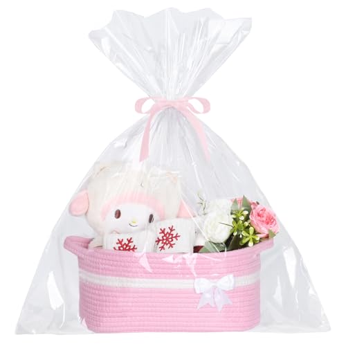 Christmas Gift Basket Empty, Pink Woven Basket for Gifts Empty with Bags & Ribbons, Durable Rope Storage Basket for Organizing, Giving Gifts at Christmas, Nursery, Baby Shower, Bathroom