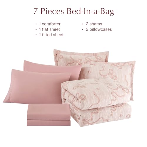 Full Pink Comforter Set for Girls - 7 Pieces Blush Bow Bed in a Bag