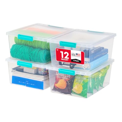 Clear Storage Bins with Lids - 12 Qt, 4-Pack - Made in USA, Flat Organization