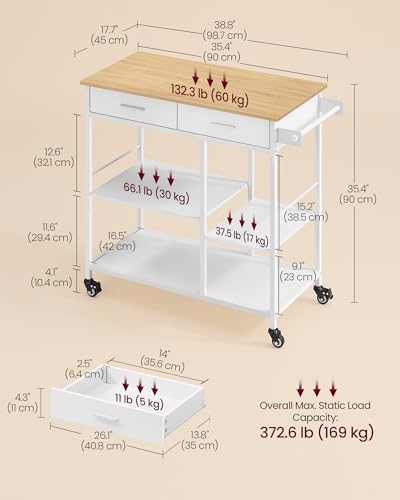 VASAGLE Kitchen Island Cart with Storage, 2 Drawers & Towel Rack - Oak Beige White, 17.7D x 38.8W x 35.4H