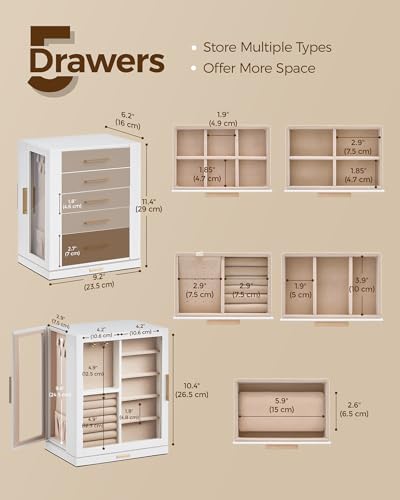 Glimmloop 360° Rotating Jewelry Box with 5 Drawers - White, Spacious Vertical Organizer with Glass Windows