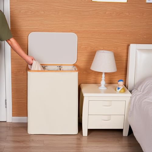 eFluky 3-Section Collapsible Laundry Hamper with Lid and Removable Mesh Bags, Large Beige