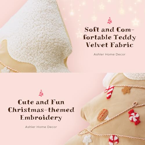 Beige Ashler Christmas Tree-Shaped Pillow with Embroidery, 19x17 Inches
