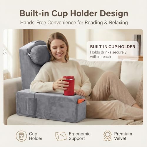AS AWESLING 21 Inch Gray Reading Pillow with Detachable Arms & Built-in Cup Phone Caddy for Bed & Lounge