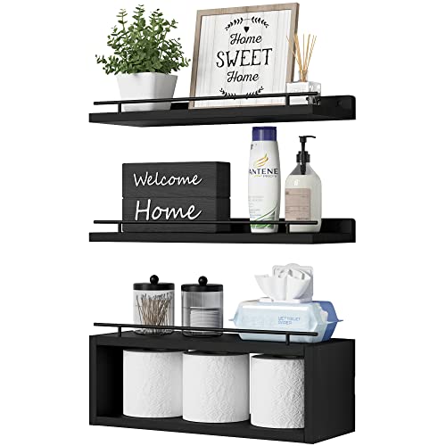 WOPITUES Black Floating Wall Shelves with Cube Shelf and Metal Rail - Over Toilet Bathroom Storage 15.7 inch