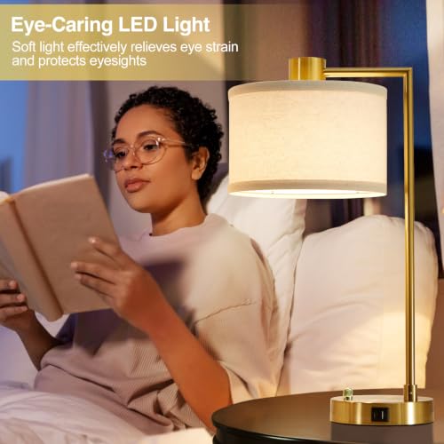 Gold Dimmable Table Lamp Set of 2 with USB-C & A Charging, Bedside Nightstand Lamps